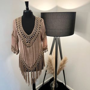 Fringe Hem Half Sleeve Crochet Cover Up Top
